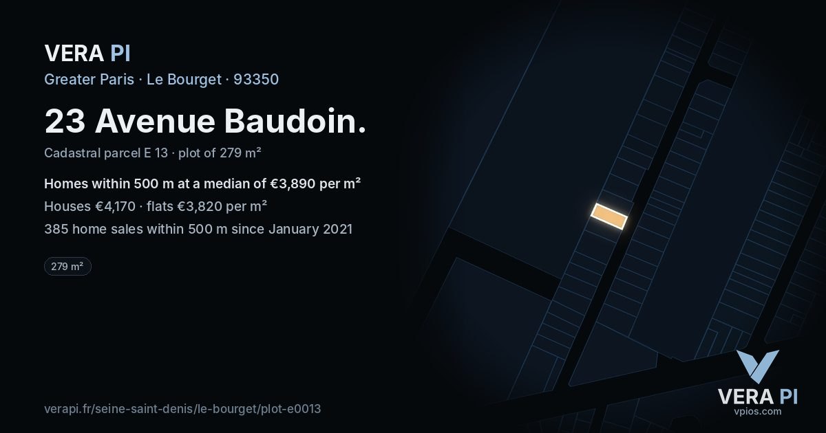 23 Avenue Baudoin, Le Bourget at night – the plot lit, the parcels around coloured by the prices near them