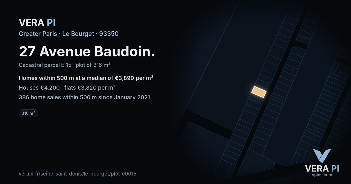 27 Avenue Baudoin, Le Bourget at night – the plot lit, the parcels around coloured by the prices near them