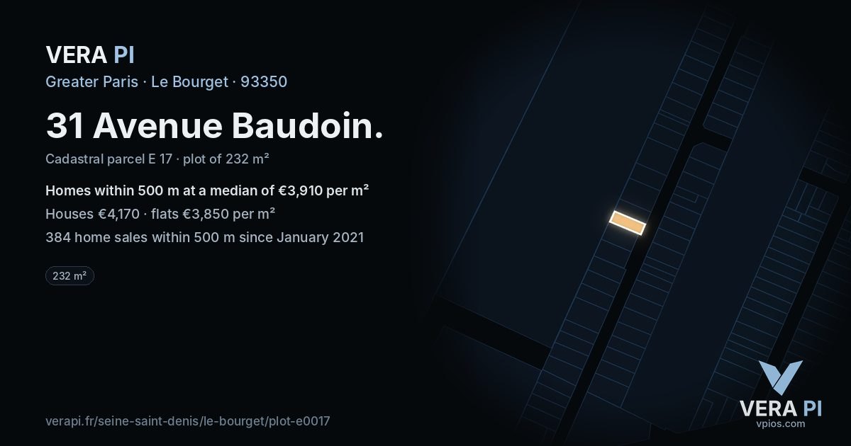 31 Avenue Baudoin, Le Bourget at night – the plot lit, the parcels around coloured by the prices near them
