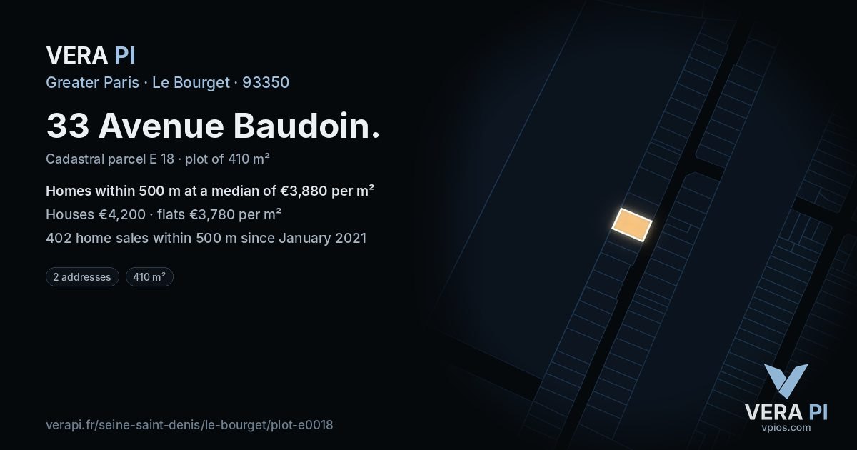33 Avenue Baudoin, Le Bourget at night – the plot lit, the parcels around coloured by the prices near them