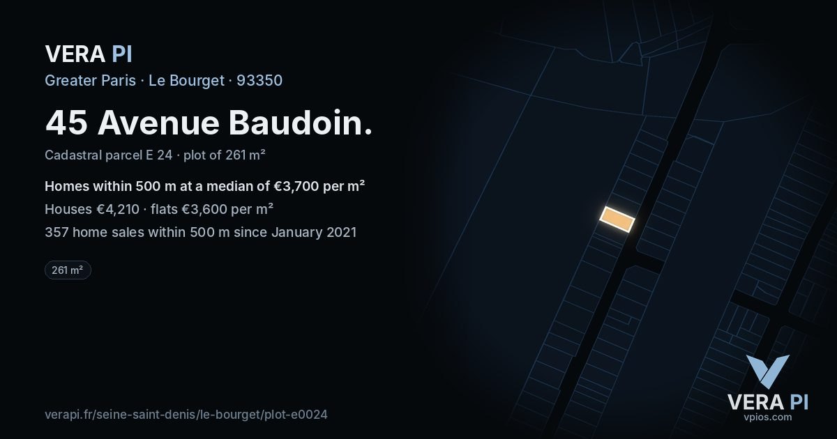 45 Avenue Baudoin, Le Bourget at night – the plot lit, the parcels around coloured by the prices near them