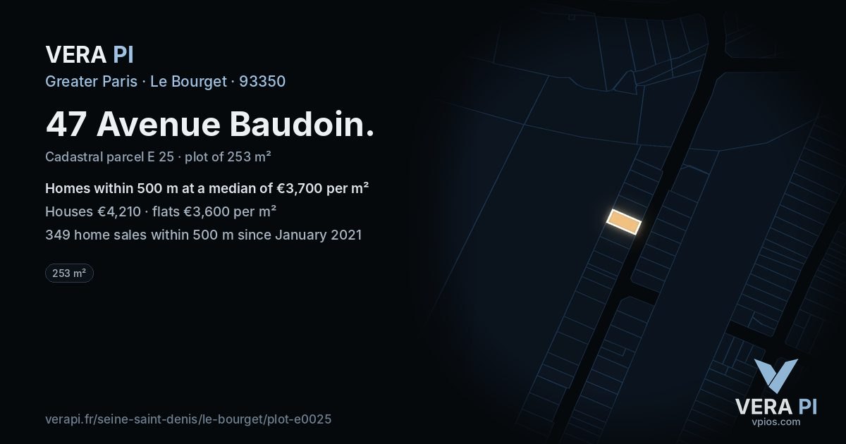 47 Avenue Baudoin, Le Bourget at night – the plot lit, the parcels around coloured by the prices near them