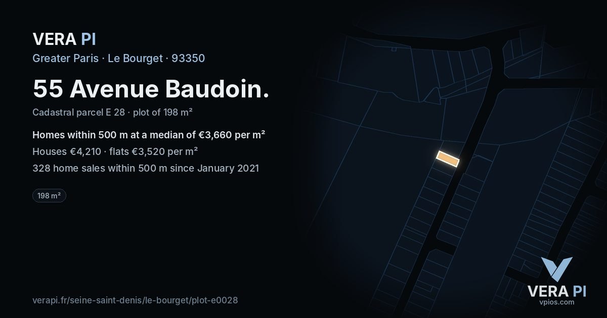 55 Avenue Baudoin, Le Bourget at night – the plot lit, the parcels around coloured by the prices near them