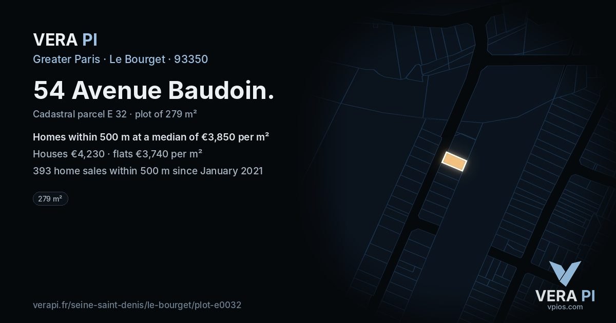 54 Avenue Baudoin, Le Bourget at night – the plot lit, the parcels around coloured by the prices near them