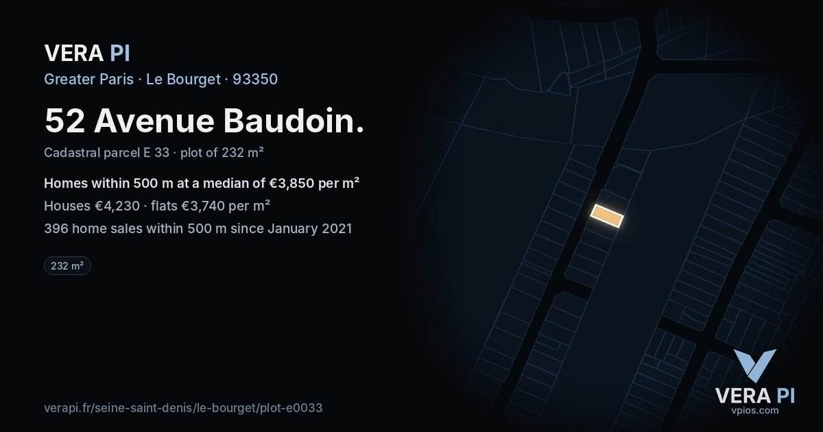 52 Avenue Baudoin, Le Bourget at night – the plot lit, the parcels around coloured by the prices near them