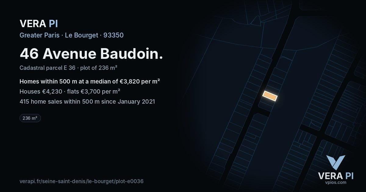 46 Avenue Baudoin, Le Bourget at night – the plot lit, the parcels around coloured by the prices near them