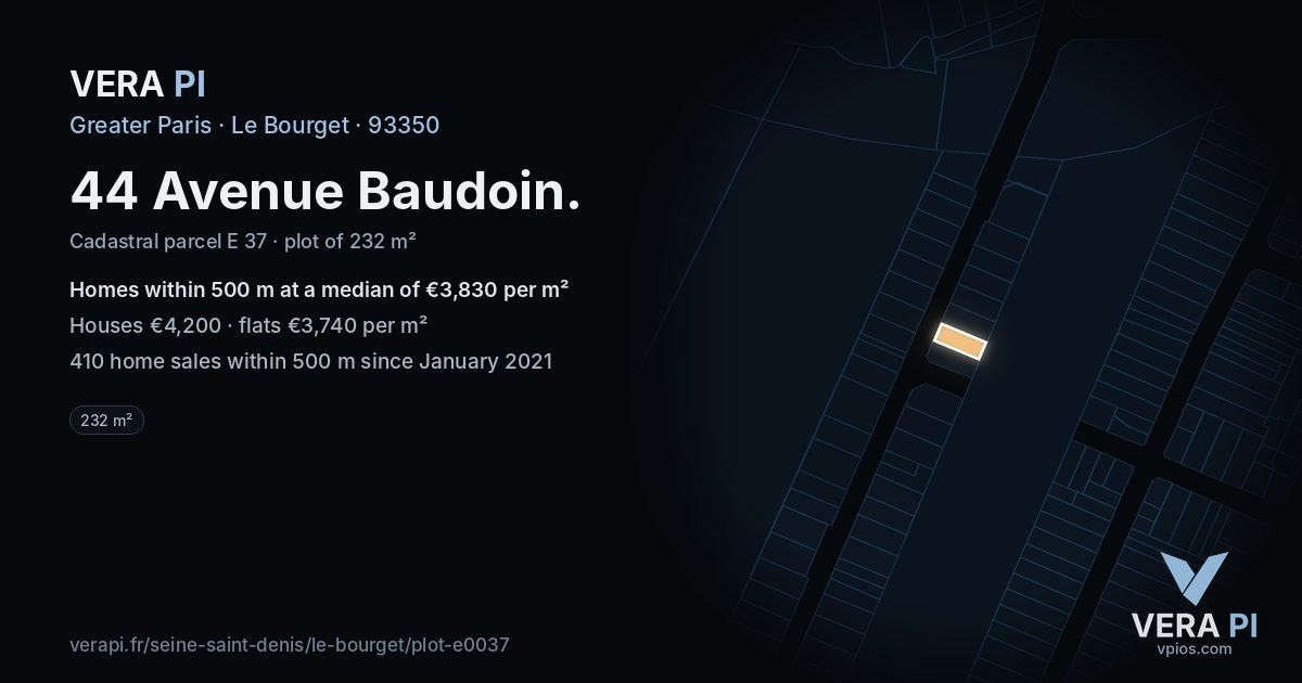 44 Avenue Baudoin, Le Bourget at night – the plot lit, the parcels around coloured by the prices near them