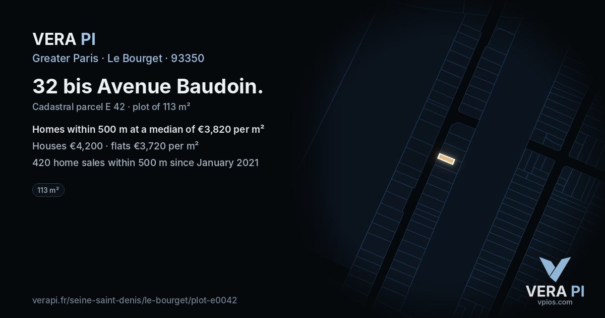 32 bis Avenue Baudoin, Le Bourget at night – the plot lit, the parcels around coloured by the prices near them