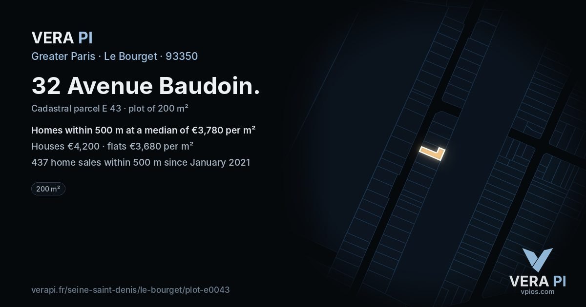 32 Avenue Baudoin, Le Bourget at night – the plot lit, the parcels around coloured by the prices near them