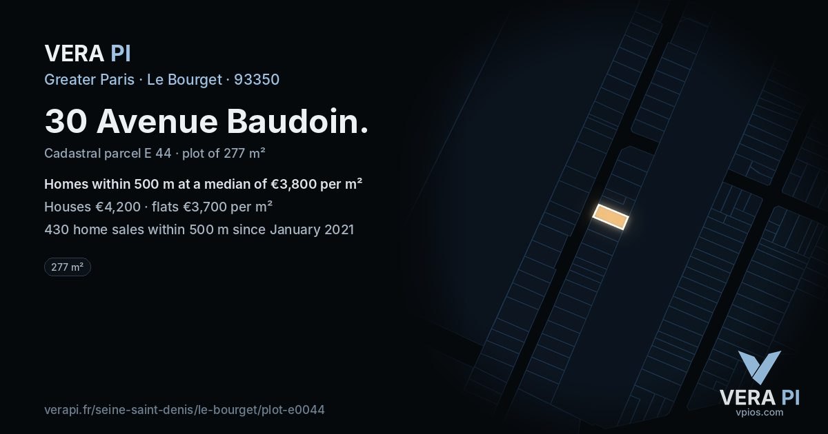 30 Avenue Baudoin, Le Bourget at night – the plot lit, the parcels around coloured by the prices near them