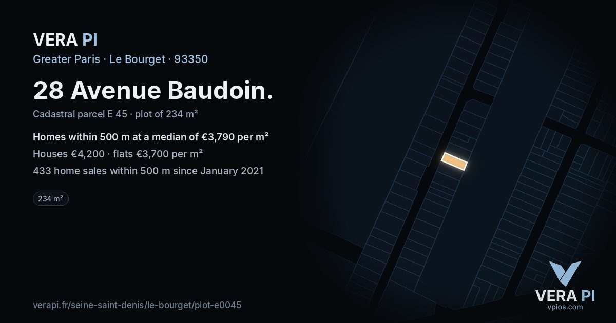 28 Avenue Baudoin, Le Bourget at night – the plot lit, the parcels around coloured by the prices near them