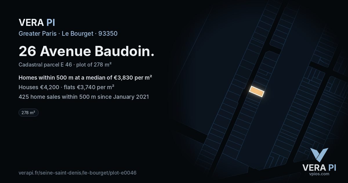 26 Avenue Baudoin, Le Bourget at night – the plot lit, the parcels around coloured by the prices near them