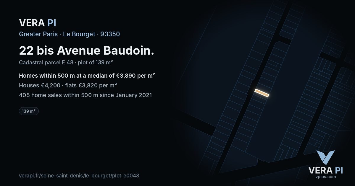 22 bis Avenue Baudoin, Le Bourget at night – the plot lit, the parcels around coloured by the prices near them