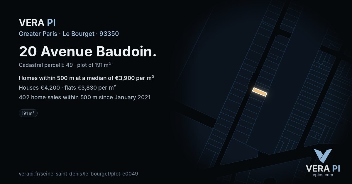 20 Avenue Baudoin, Le Bourget at night – the plot lit, the parcels around coloured by the prices near them