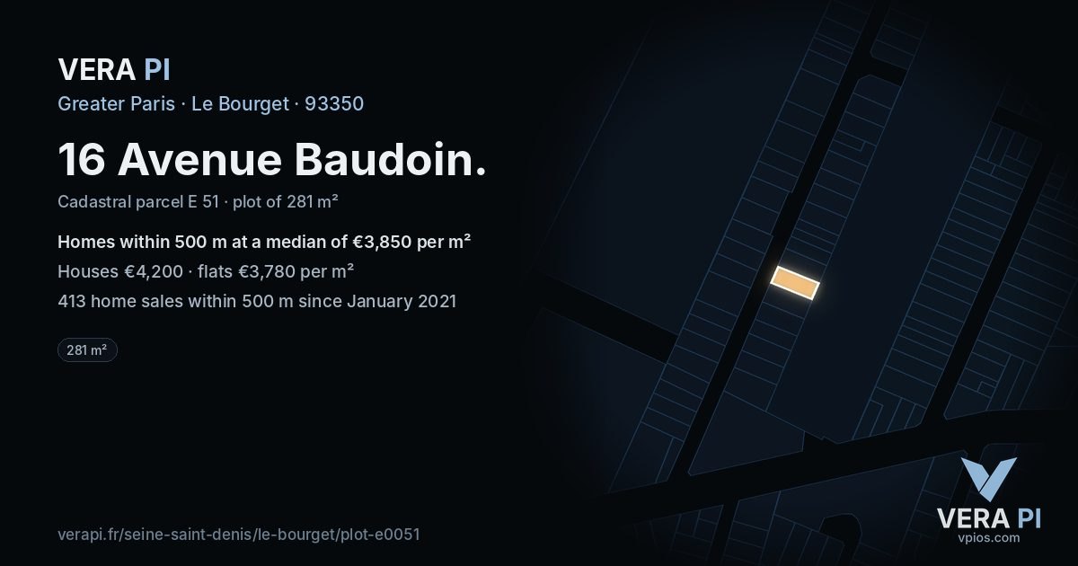 16 Avenue Baudoin, Le Bourget at night – the plot lit, the parcels around coloured by the prices near them