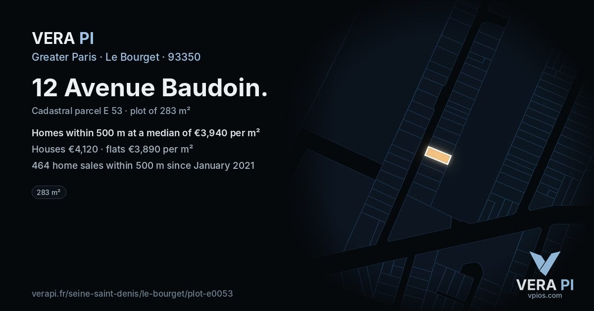12 Avenue Baudoin, Le Bourget at night – the plot lit, the parcels around coloured by the prices near them