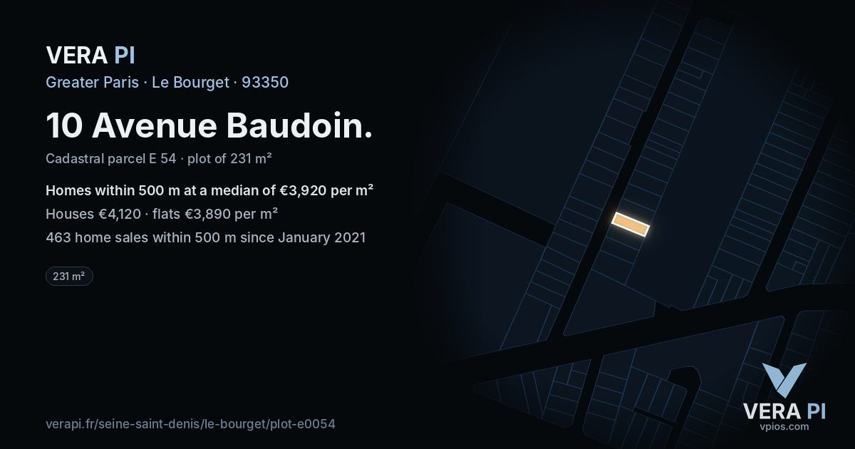 10 Avenue Baudoin, Le Bourget at night – the plot lit, the parcels around coloured by the prices near them