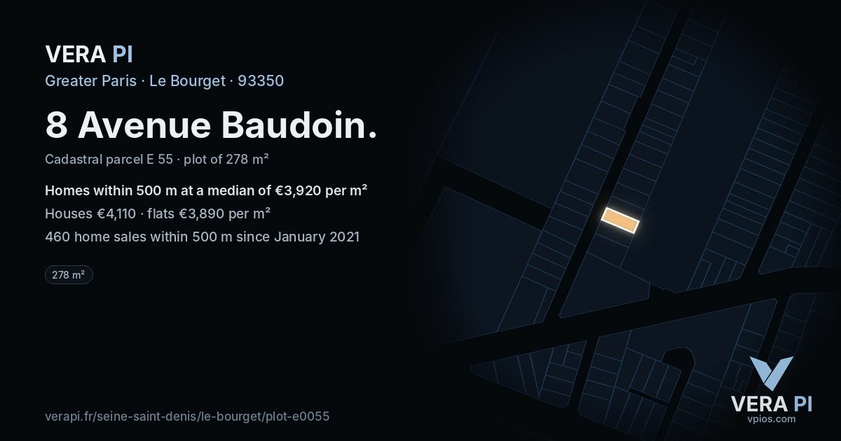 8 Avenue Baudoin, Le Bourget at night – the plot lit, the parcels around coloured by the prices near them