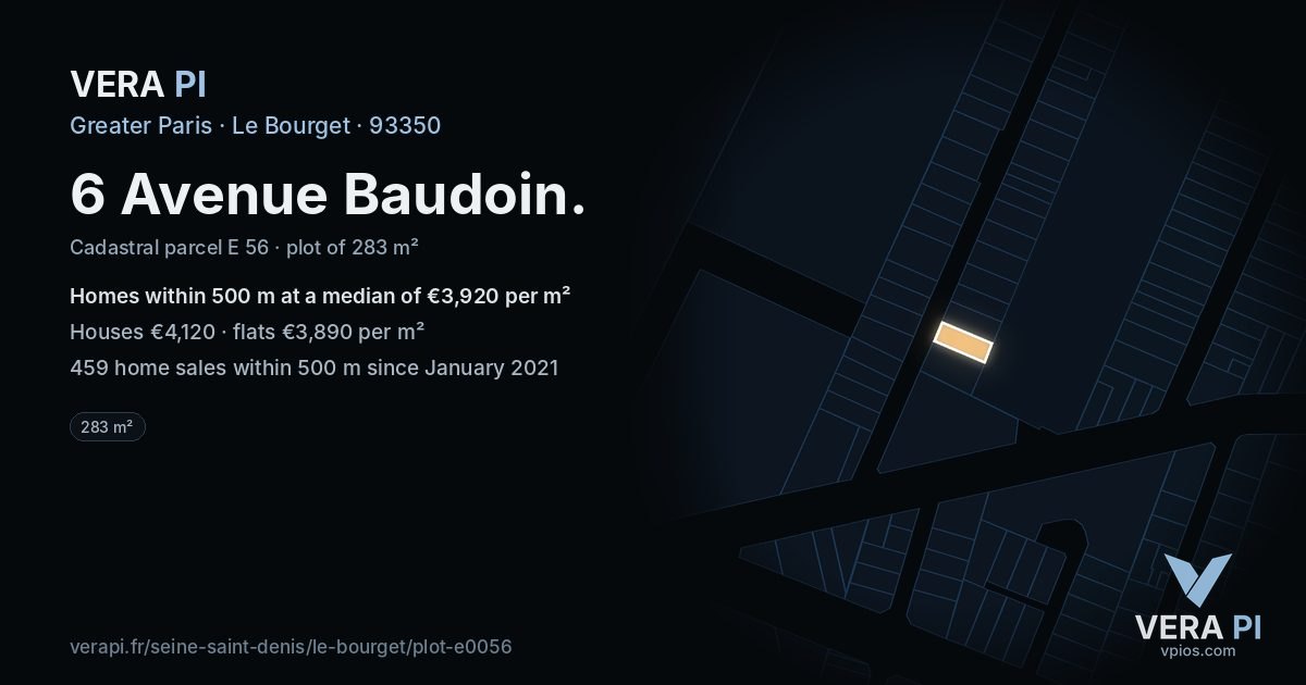 6 Avenue Baudoin, Le Bourget at night – the plot lit, the parcels around coloured by the prices near them