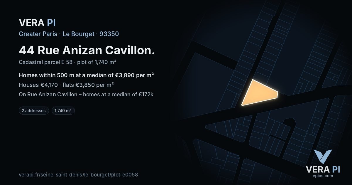 44 Rue Anizan Cavillon, Le Bourget at night – the plot lit, the parcels around coloured by the prices near them