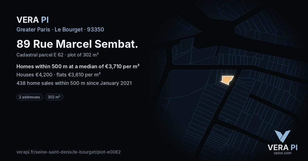 89 Rue Marcel Sembat, Le Bourget at night – the plot lit, the parcels around coloured by the prices near them