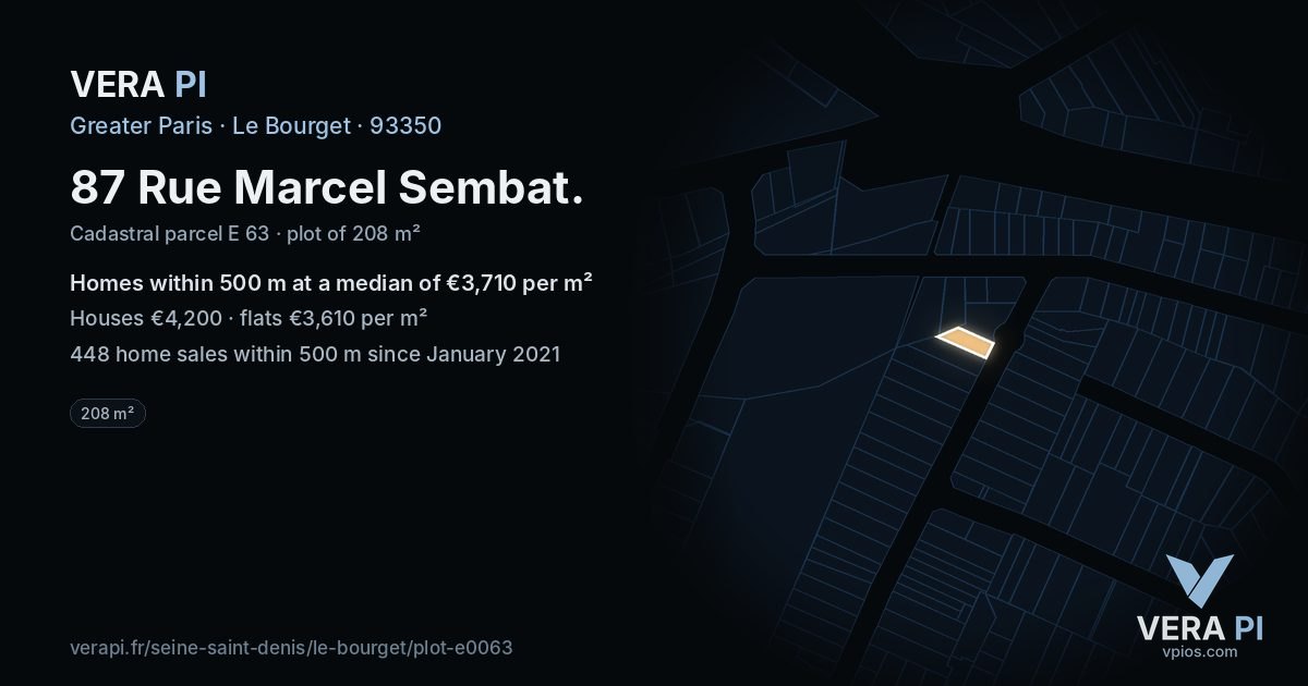 87 Rue Marcel Sembat, Le Bourget at night – the plot lit, the parcels around coloured by the prices near them