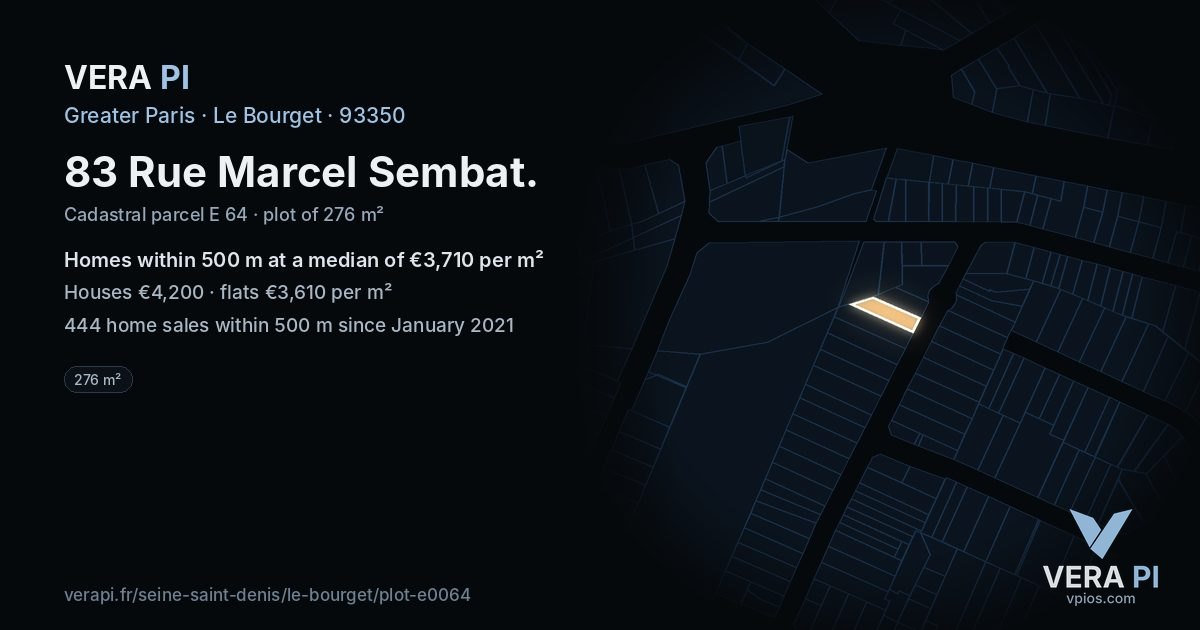 83 Rue Marcel Sembat, Le Bourget at night – the plot lit, the parcels around coloured by the prices near them