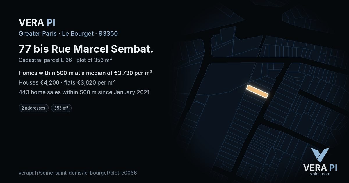 77 bis Rue Marcel Sembat, Le Bourget at night – the plot lit, the parcels around coloured by the prices near them