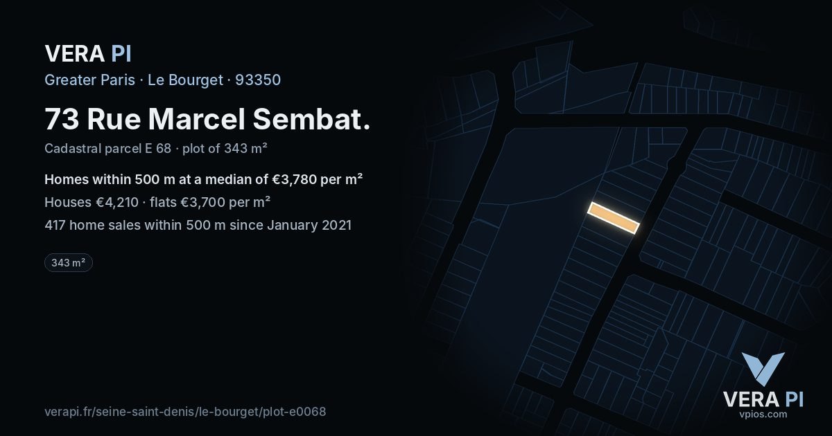 73 Rue Marcel Sembat, Le Bourget at night – the plot lit, the parcels around coloured by the prices near them