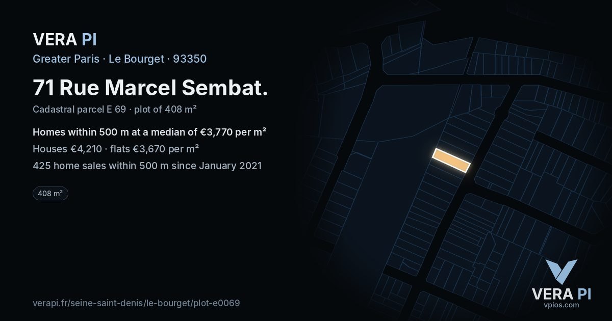 71 Rue Marcel Sembat, Le Bourget at night – the plot lit, the parcels around coloured by the prices near them