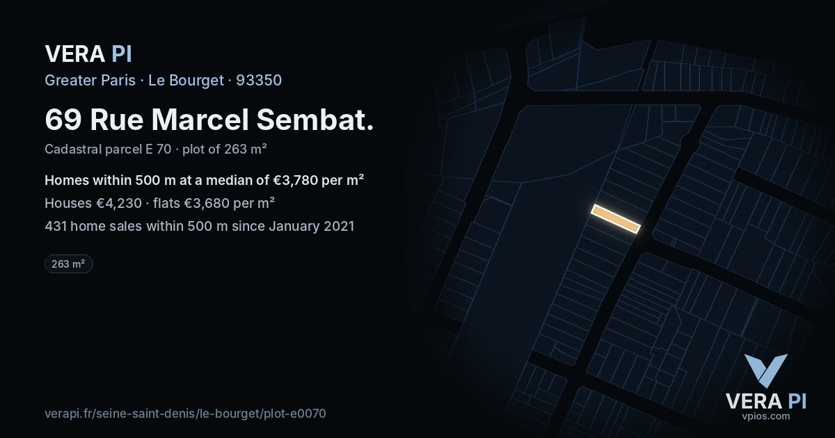 69 Rue Marcel Sembat, Le Bourget at night – the plot lit, the parcels around coloured by the prices near them