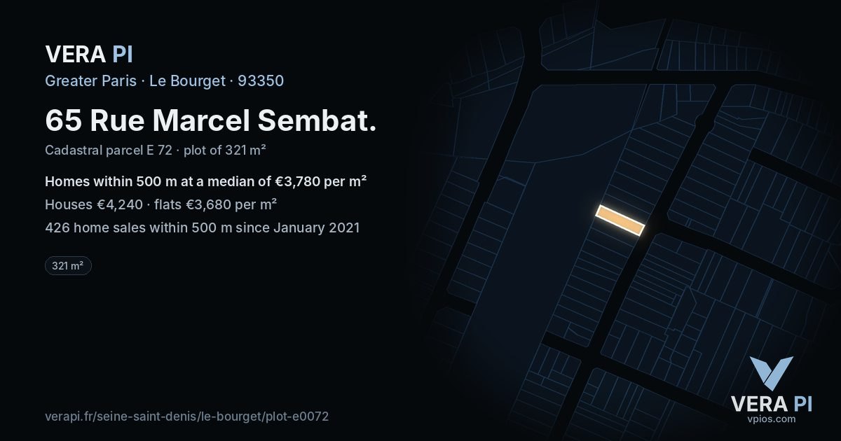 65 Rue Marcel Sembat, Le Bourget at night – the plot lit, the parcels around coloured by the prices near them