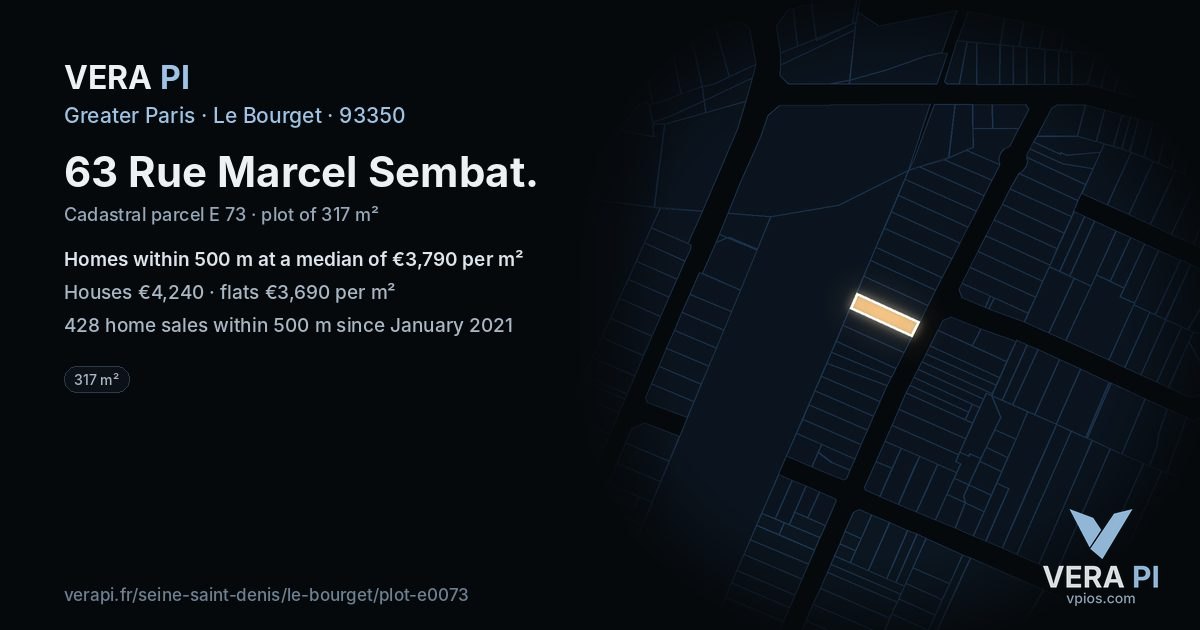 63 Rue Marcel Sembat, Le Bourget at night – the plot lit, the parcels around coloured by the prices near them