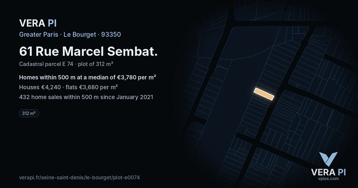 61 Rue Marcel Sembat, Le Bourget at night – the plot lit, the parcels around coloured by the prices near them