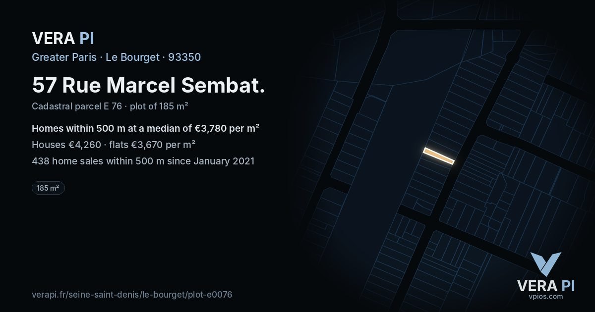 57 Rue Marcel Sembat, Le Bourget at night – the plot lit, the parcels around coloured by the prices near them