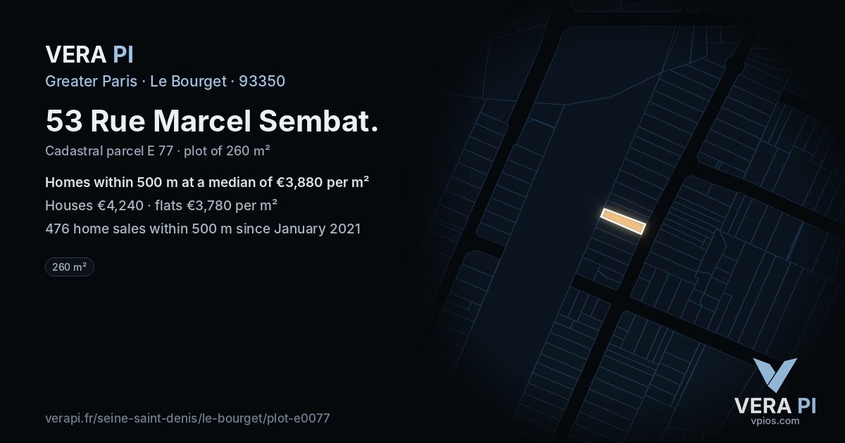 53 Rue Marcel Sembat, Le Bourget at night – the plot lit, the parcels around coloured by the prices near them