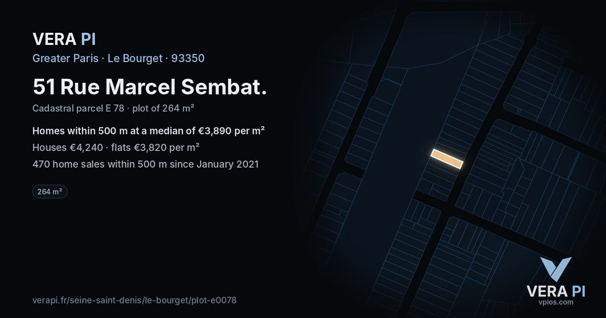 51 Rue Marcel Sembat, Le Bourget at night – the plot lit, the parcels around coloured by the prices near them