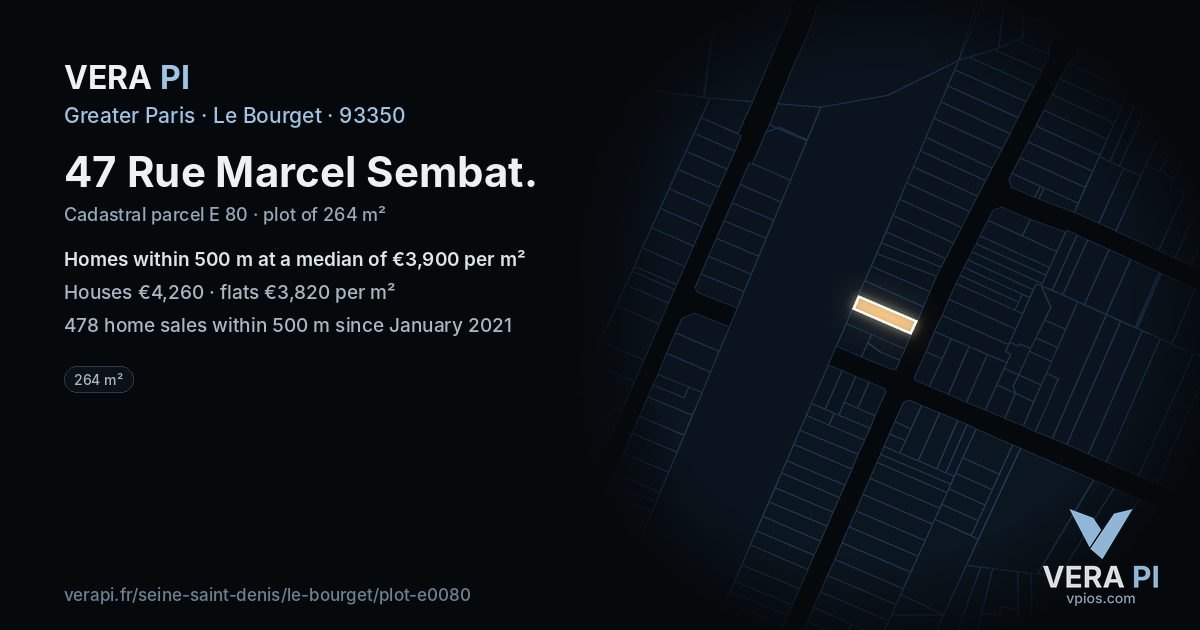 47 Rue Marcel Sembat, Le Bourget at night – the plot lit, the parcels around coloured by the prices near them