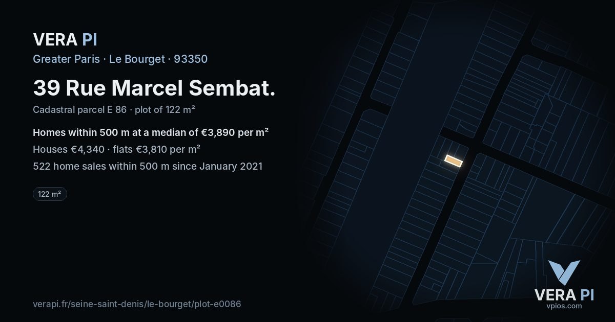 39 Rue Marcel Sembat, Le Bourget at night – the plot lit, the parcels around coloured by the prices near them