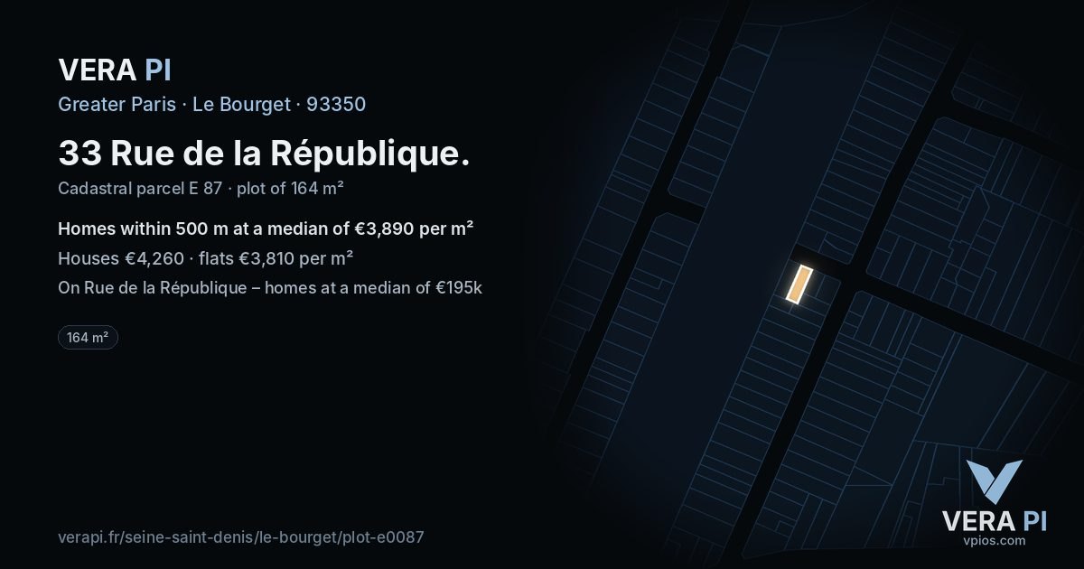 33 Rue de la République, Le Bourget at night – the plot lit, the parcels around coloured by the prices near them