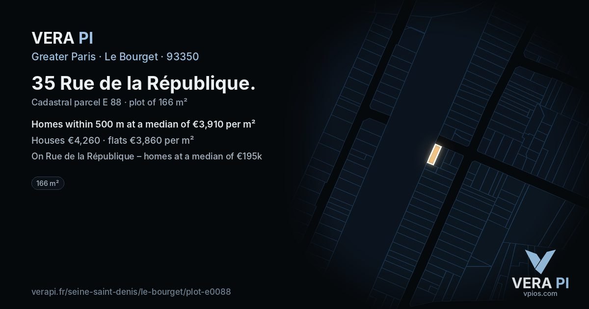 35 Rue de la République, Le Bourget at night – the plot lit, the parcels around coloured by the prices near them