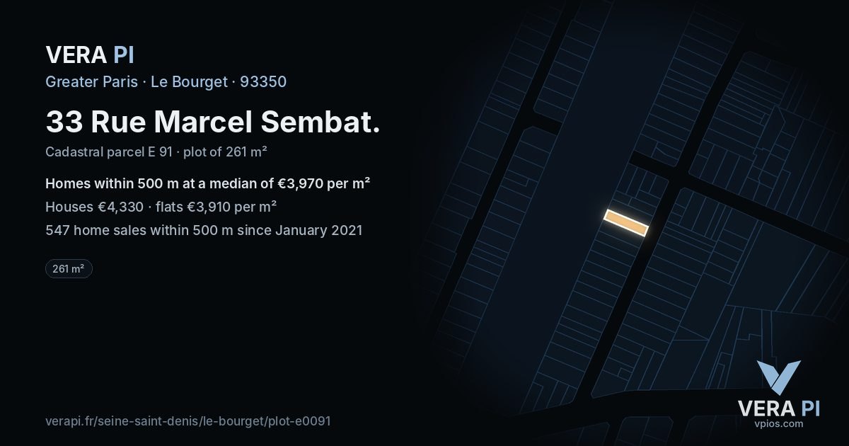 33 Rue Marcel Sembat, Le Bourget at night – the plot lit, the parcels around coloured by the prices near them