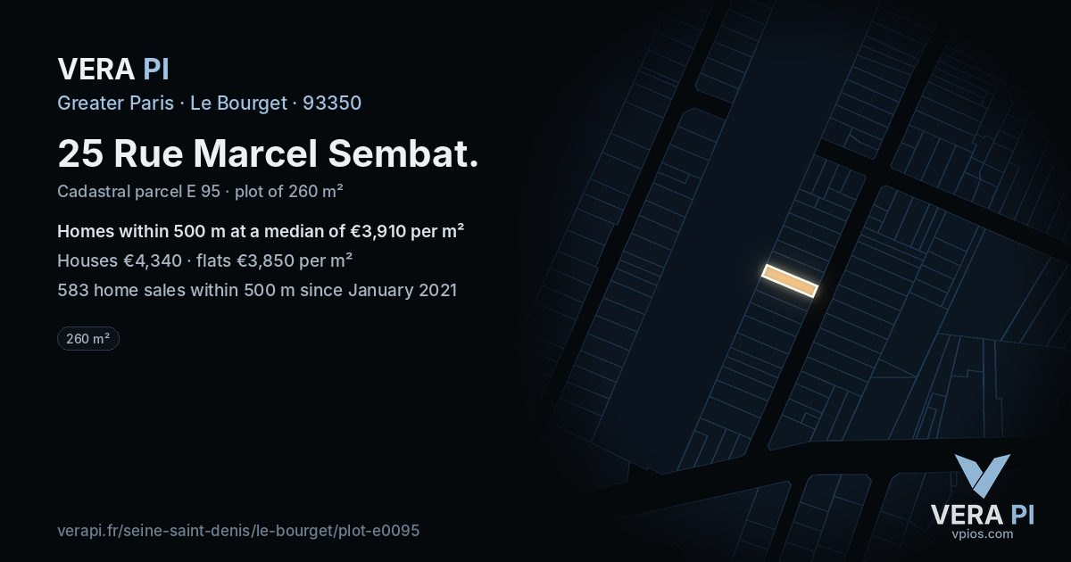 25 Rue Marcel Sembat, Le Bourget at night – the plot lit, the parcels around coloured by the prices near them
