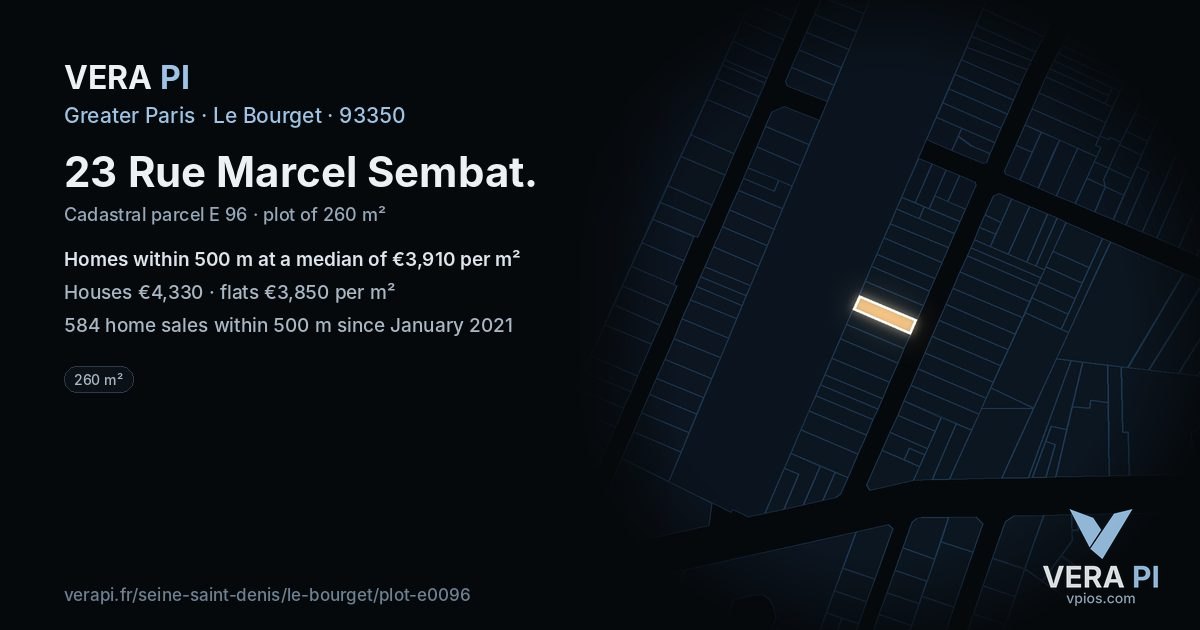 23 Rue Marcel Sembat, Le Bourget at night – the plot lit, the parcels around coloured by the prices near them