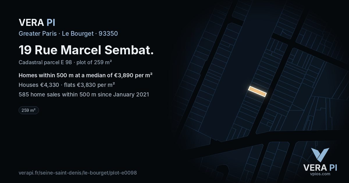 19 Rue Marcel Sembat, Le Bourget at night – the plot lit, the parcels around coloured by the prices near them