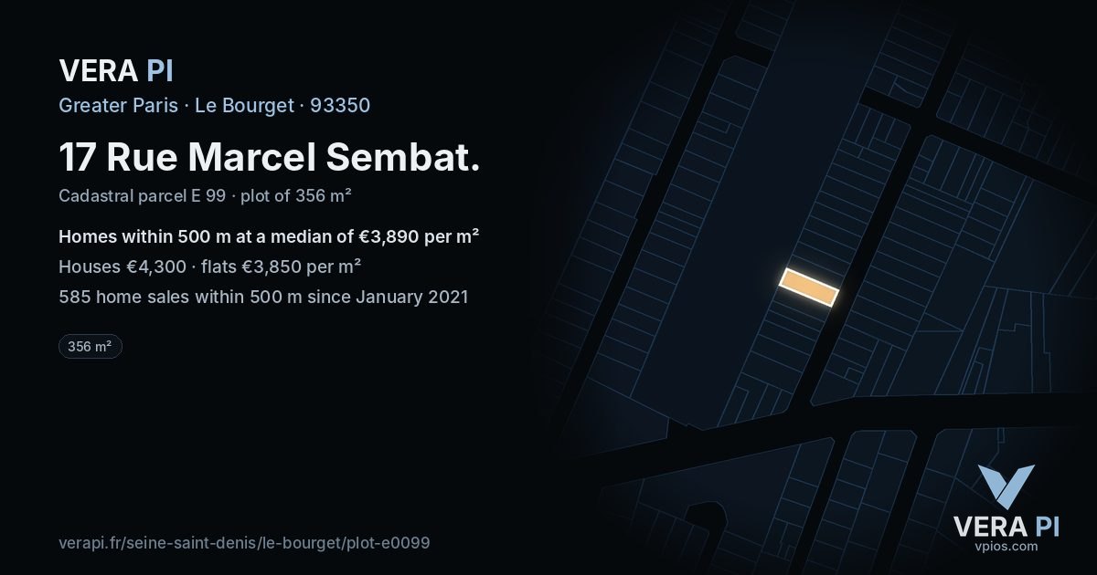 17 Rue Marcel Sembat, Le Bourget at night – the plot lit, the parcels around coloured by the prices near them