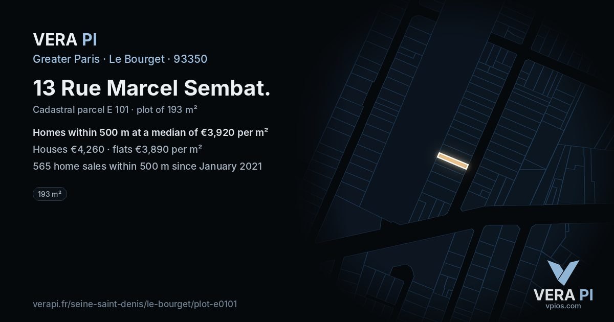 13 Rue Marcel Sembat, Le Bourget at night – the plot lit, the parcels around coloured by the prices near them