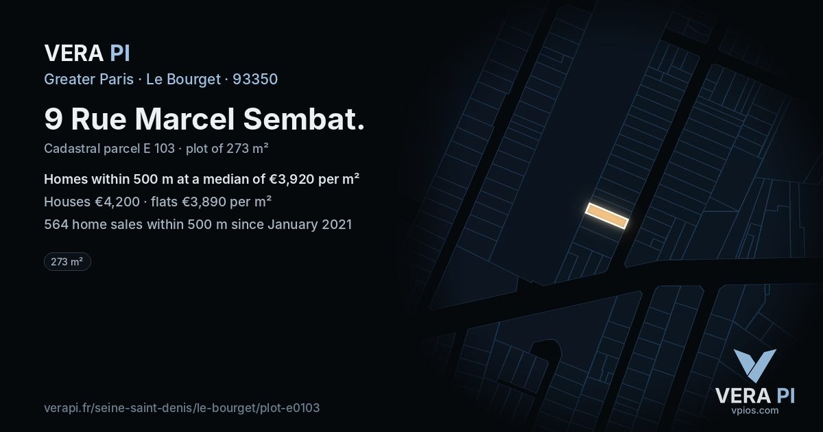 9 Rue Marcel Sembat, Le Bourget at night – the plot lit, the parcels around coloured by the prices near them
