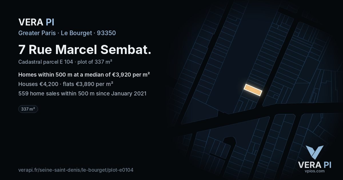 7 Rue Marcel Sembat, Le Bourget at night – the plot lit, the parcels around coloured by the prices near them