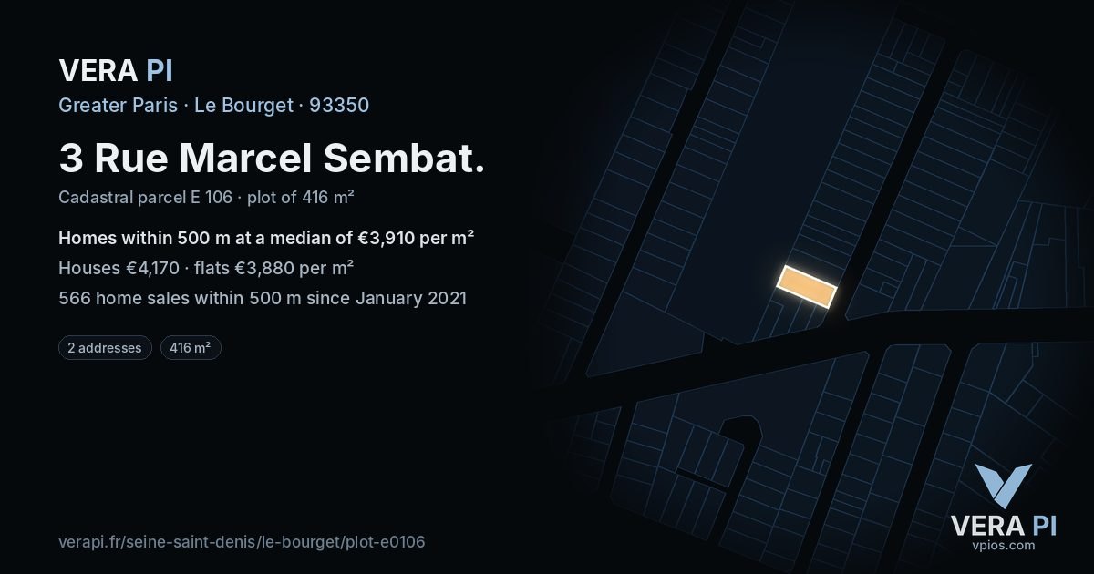 3 Rue Marcel Sembat, Le Bourget at night – the plot lit, the parcels around coloured by the prices near them